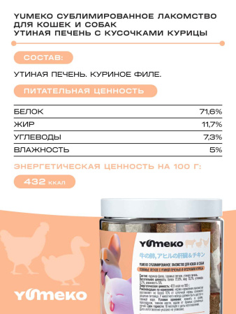 YUMEKO сублимированное лакомство для кошек и собак с утиной печенью и кусочками курицы