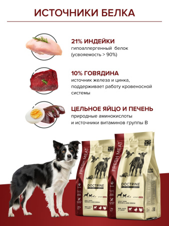 DOCTRINE сухой корм для взрослых собак средних и крупных пород с индейкой, говядиной, уткой,свежим мясом