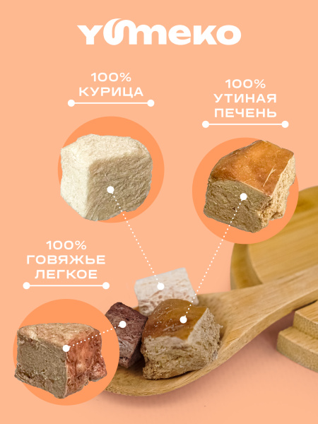 YUMEKO сублимированное лакомство для кошек и собак c говяжьим легким, утиной печенью и кусочками курицы