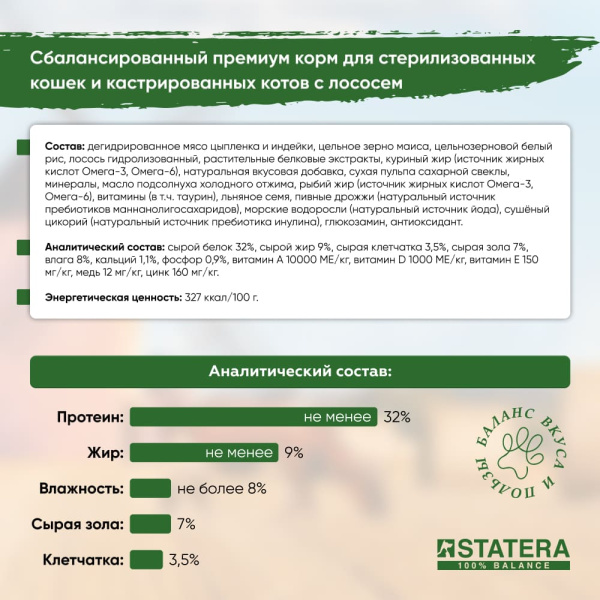 STATERA сухой корм для стерилизованных кошек и кастрированных котов с лососем STATERA сухой корм для стерилизованных кошек и кастрированных котов с лососем