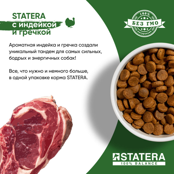 STATERA Полнорационный сухой корм для взрослых собак всех пород с индейкой и гречкой STATERA Полнорационный сухой корм для взрослых собак всех пород с индейкой и гречкой
