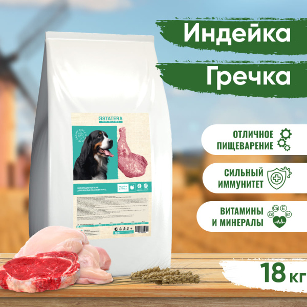 STATERA Полнорационный сухой корм для взрослых собак всех пород с индейкой и гречкой STATERA Полнорационный сухой корм для взрослых собак всех пород с индейкой и гречкой