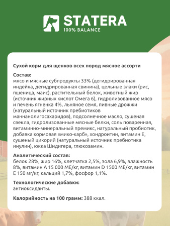 STATERA Полнорационный сухой корм для щенков всех пород Мясное ассорти