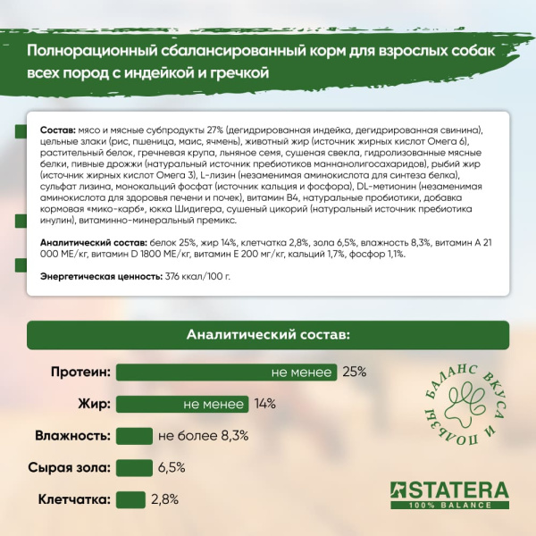 STATERA Полнорационный сухой корм для взрослых собак всех пород с индейкой и гречкой STATERA Полнорационный сухой корм для взрослых собак всех пород с индейкой и гречкой