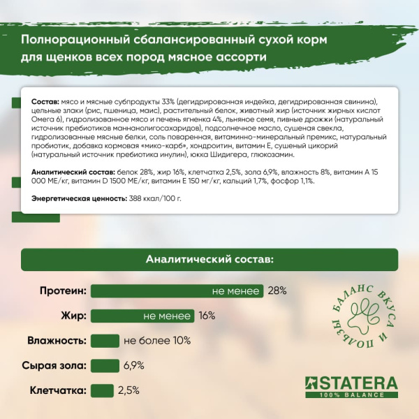 STATERA Полнорационный сухой корм для щенков всех пород Мясное ассорти STATERA Полнорационный сухой корм для щенков всех пород Мясное ассорти